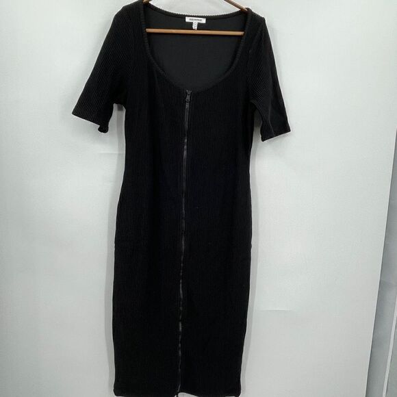 Good American Black Dramatic Zip Ribbed Bodycon Knit Midi Dress Size 4 - Picture 1 of 6